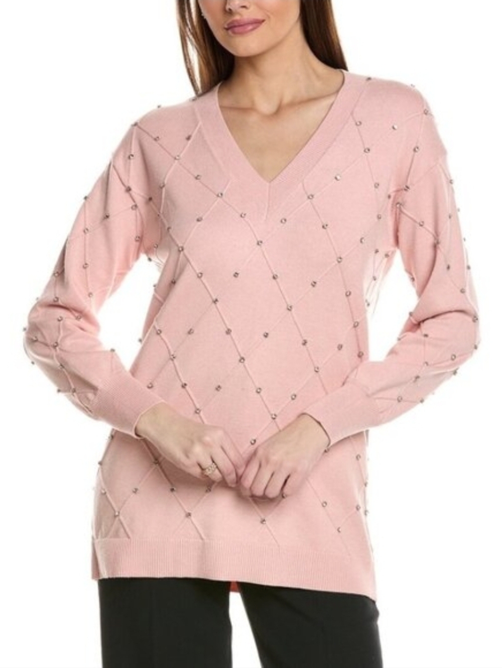 Anna Klein Women Rhinestones  V-Neck Sweater Pullover Pink Size XXL $119